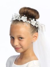 First Communion Wreath Veil Organza flowers, pearls & rhinestones