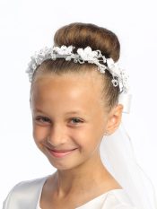 First Communion Wreath Single Layer Veil Flowers and rhinestones