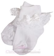 Girls White Christening Socks with Satin Bow and Pearl