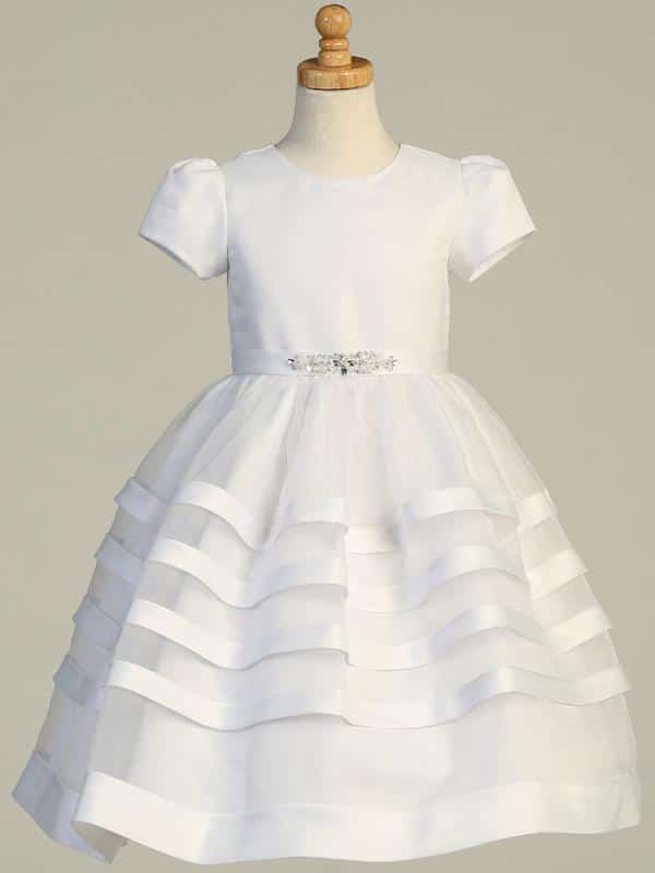 White Short Sleeve Satin First Communion Dress with Satin Trim Skirt