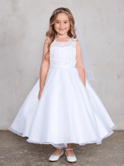First Communion Dress Illusion Neckline Lace Overlay