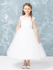 First Communion Dress with Lace Illusion Neckline Bodice
