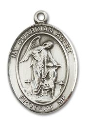 Sterling Silver Guardian Angel w/Child Pendant on an 24-inch Sterling Silver Heavy Curb Chain