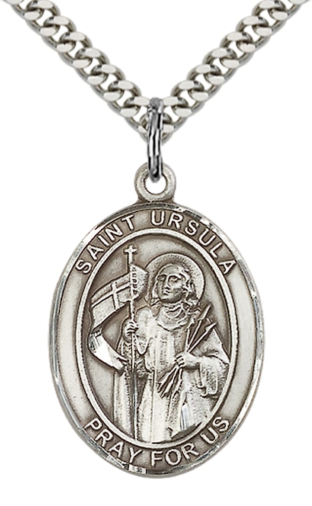 Sterling Silver Saint Ursula Pendant on an 24-inch Light Rhodium Heavy Curb Chain - Image 2