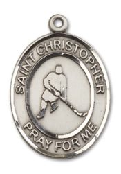 Sterling Silver Saint Christopher Ice Hockey Pendant on an 24-inch Sterling Silver Heavy Curb Chain