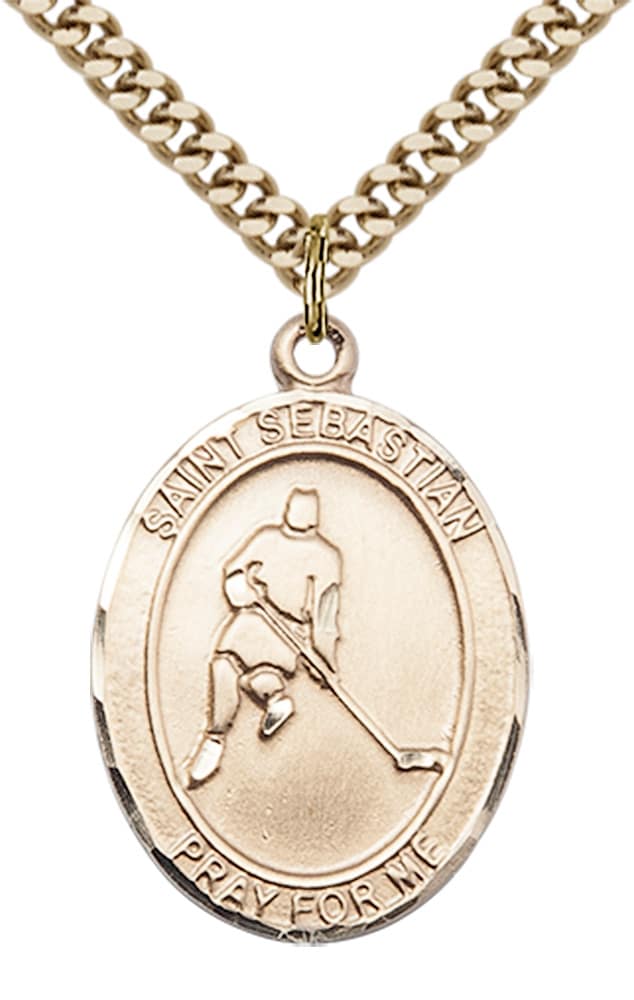14kt Gold Filled Saint Sebastian Ice Hockey Pendant on an 24-inch Gold Plate Heavy Curb Chain - Image 2