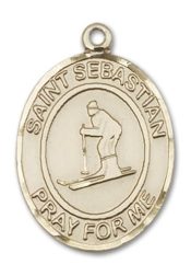 14kt Gold Filled Saint Sebastian Skiing Pendant on an 24-inch Gold Filled Heavy Curb Chain