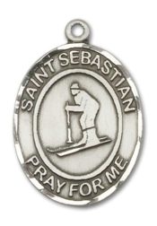 Sterling Silver Saint Sebastian Skiing Pendant on an 24-inch Sterling Silver Heavy Curb Chain