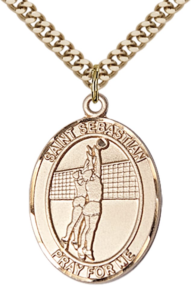 14kt Gold Filled Saint Sebastian Volleyball Pendant on an 24-inch Gold Plate Heavy Curb Chain - Image 2