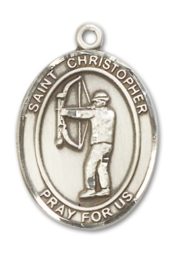 Sterling Silver Saint Christopher Archery Pendant on an 24-inch Sterling Silver Heavy Curb Chain