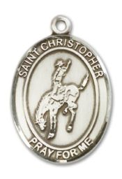 Sterling Silver Saint Christopher Rodeo Pendant on an 24-inch Sterling Silver Heavy Curb Chain
