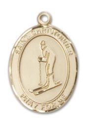 14kt Gold Filled Saint Christopher Skiing Pendant on an 24-inch Gold Filled Heavy Curb Chain