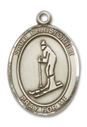 Sterling Silver Saint Christopher Skiing Pendant on an 24-inch Sterling Silver Heavy Curb Chain