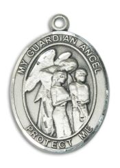 Sterling Silver Guardian Angel w/Children Pendant on an 24-inch Sterling Silver Heavy Curb Chain