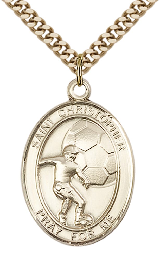 14kt Gold Filled Saint Christopher Soccer Pendant on an 24-inch Gold Plate Heavy Curb Chain - Image 2