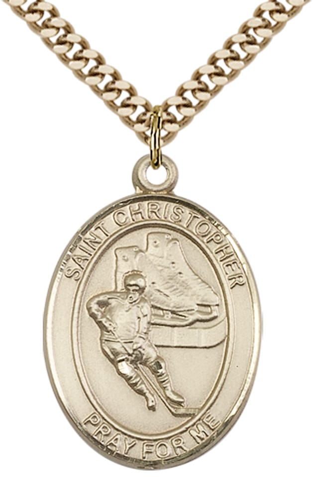 14kt Gold Filled Saint Christopher Hockey Pendant on an 24-inch Gold Plate Heavy Curb Chain - Image 2