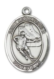 Sterling Silver Saint Christopher Hockey Pendant on an 24-inch Sterling Silver Heavy Curb Chain