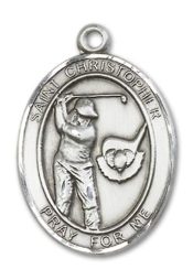 Sterling Silver Saint Christopher Golf Pendant on an 24-inch Sterling Silver Heavy Curb Chain