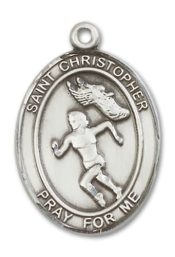 Sterling Silver Saint Christopher Track&Field Pendant on an 24-inch Sterling Silver Heavy Curb Chain