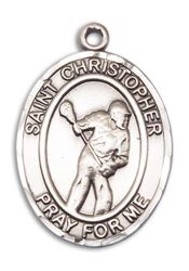 Sterling Silver Saint Christopher Lacrosse Pendant on an 24-inch Sterling Silver Heavy Curb Chain