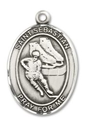Sterling Silver Saint Sebastian Hockey Pendant on an 24-inch Sterling Silver Heavy Curb Chain