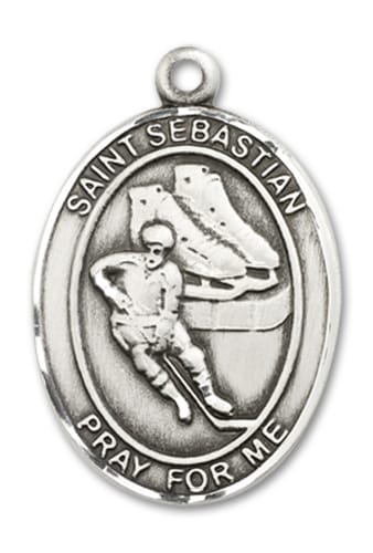 Sterling Silver Saint Sebastian Hockey Pendant on an 24-inch Sterling Silver Heavy Curb Chain