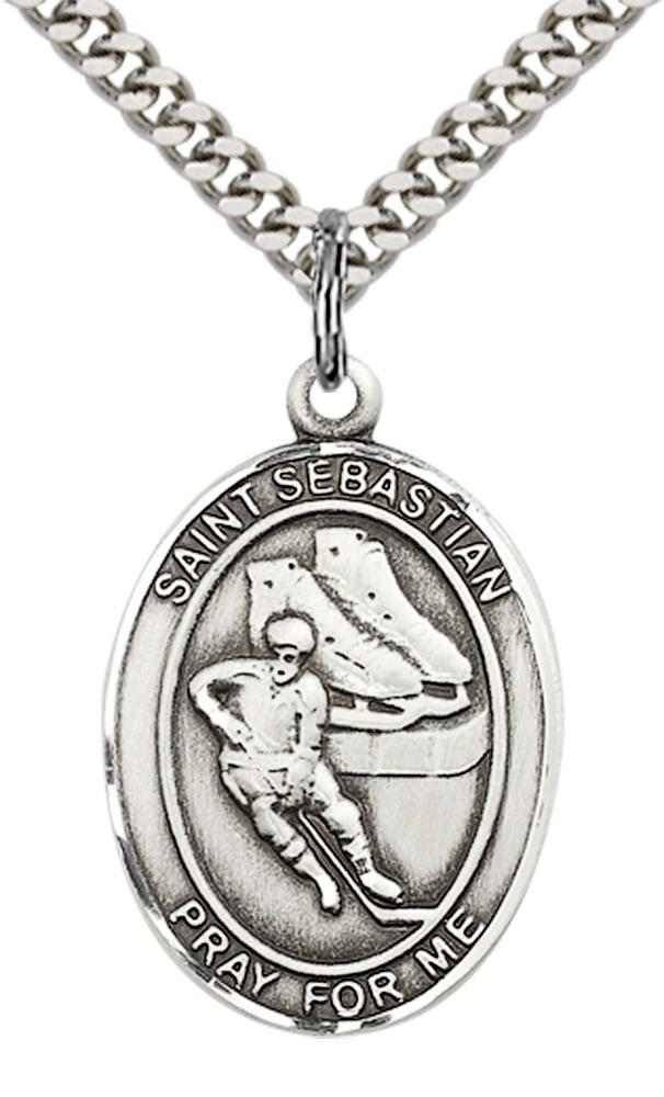 Sterling Silver Saint Sebastian Hockey Pendant on an 24-inch Light Rhodium Heavy Curb Chain - Image 2