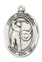 Sterling Silver Saint Sebastian Golf Pendant on an 24-inch Sterling Silver Heavy Curb Chain