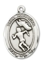 Sterling Silver Saint Sebastian Track and Field Pendant on an 24-inch Sterling Silver Heavy Curb Chain