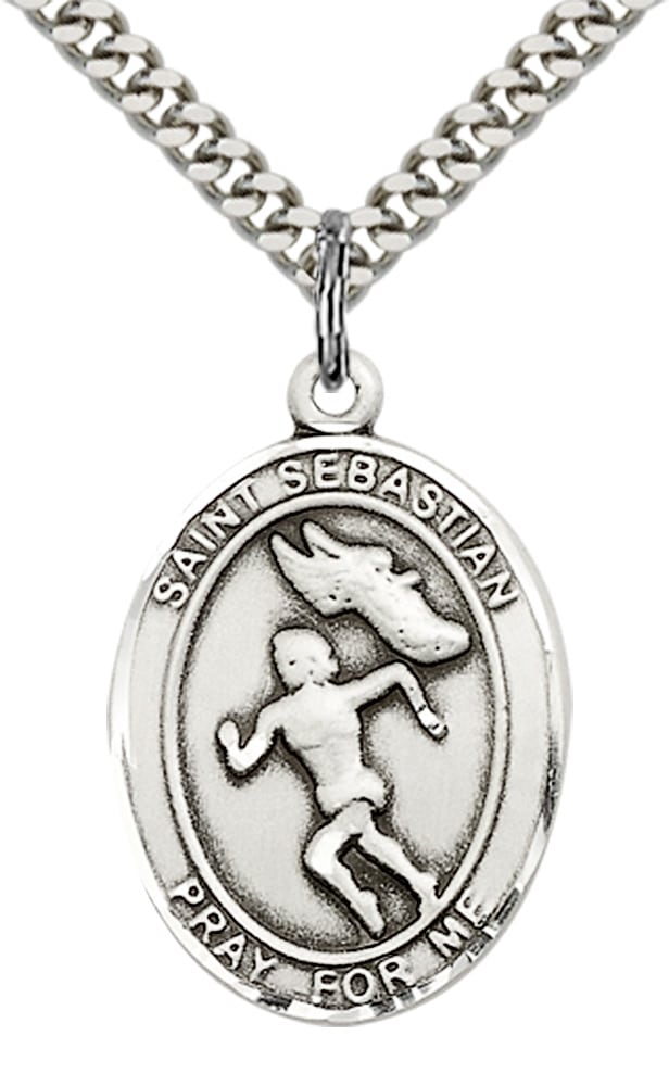 Sterling Silver Saint Sebastian Track and Field Pendant on an 24-inch Light Rhodium Heavy Curb Chain - Image 2