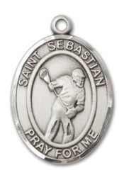 Sterling Silver Saint Sebastian Lacrosse Pendant on an 24-inch Sterling Silver Heavy Curb Chain