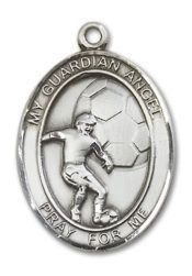 Sterling Silver Guardian Angel Soccer Pendant on an 24-inch Sterling Silver Heavy Curb Chain