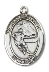 Sterling Silver Guardian Angel Hockey Pendant on an 24-inch Sterling Silver Heavy Curb Chain