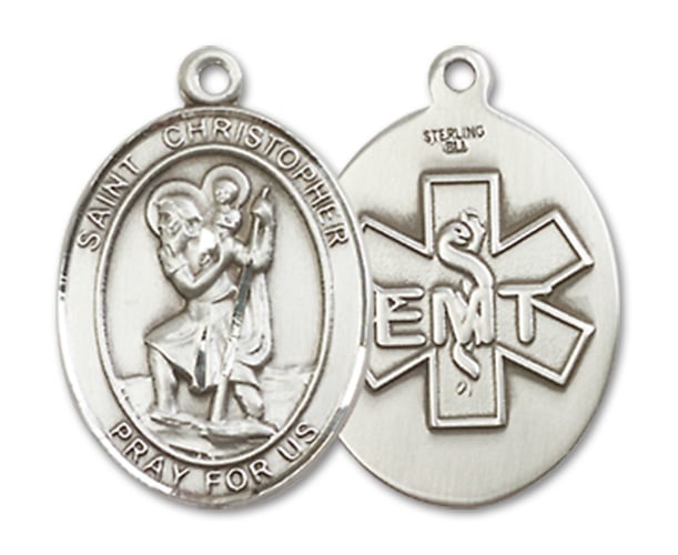 Sterling Silver Saint Christopher EMT Pendant on an 24-inch Sterling Silver Heavy Curb Chain