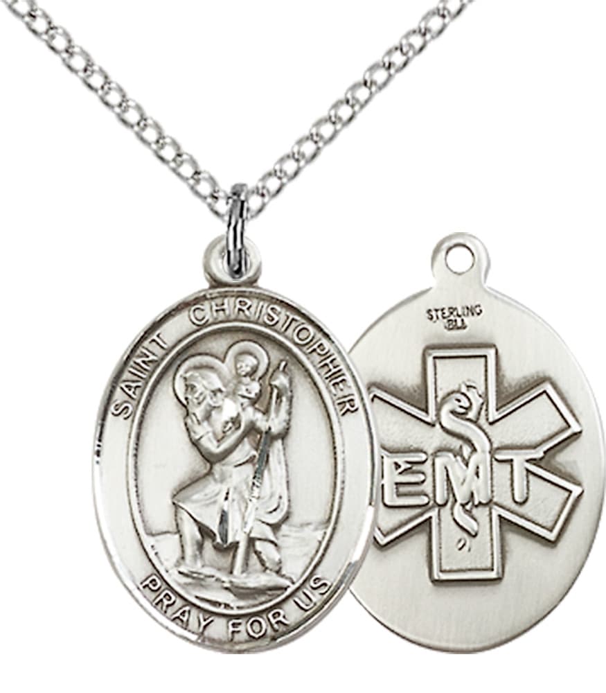 Sterling Silver Saint Christopher EMT Pendant on an 18-inch Sterling Silver Light Curb Chain - Image 2