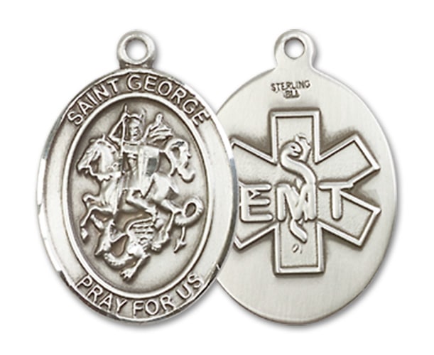 Sterling Silver Saint George EMT Pendant on an 24-inch Sterling Silver Heavy Curb Chain