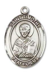 Sterling Silver Saint Timothy Pendant on an 18-inch Sterling Silver Light Curb Chain