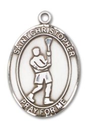 Sterling Silver Saint Christopher Lacrosse Pendant on an 18-inch Sterling Silver Light Curb Chain