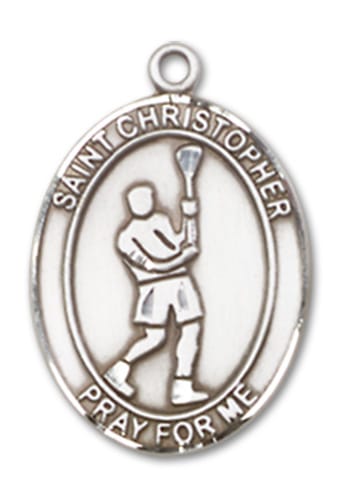 Sterling Silver Saint Christopher Lacrosse Pendant on an 18-inch Sterling Silver Light Curb Chain