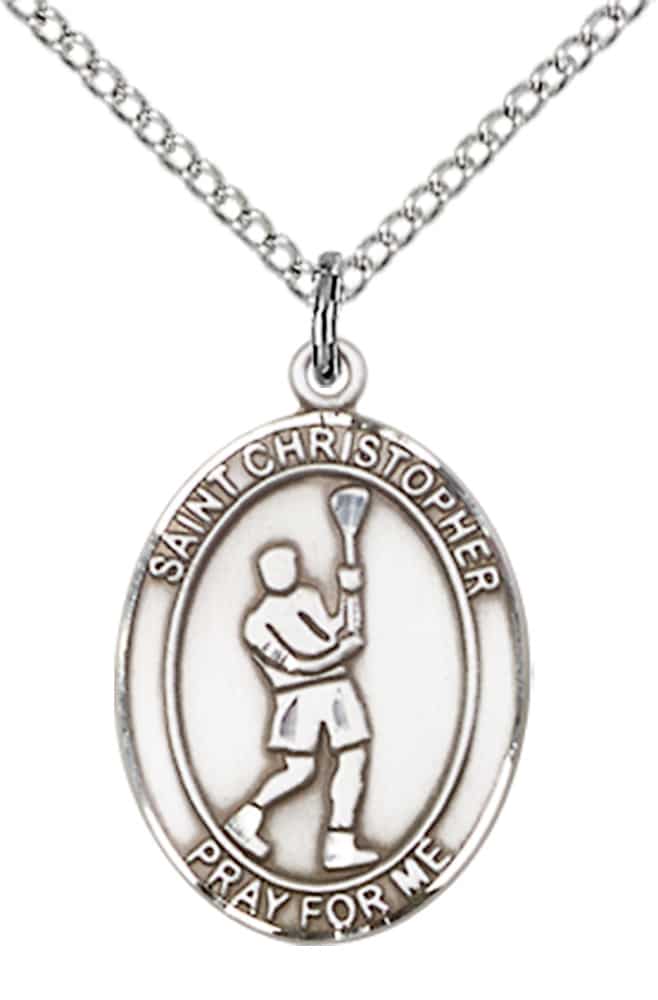 Sterling Silver Saint Christopher Lacrosse Pendant on an 18-inch Sterling Silver Light Curb Chain - Image 2