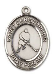 Sterling Silver Saint Christopher Ice Hockey Pendant on an 18-inch Sterling Silver Light Curb Chain