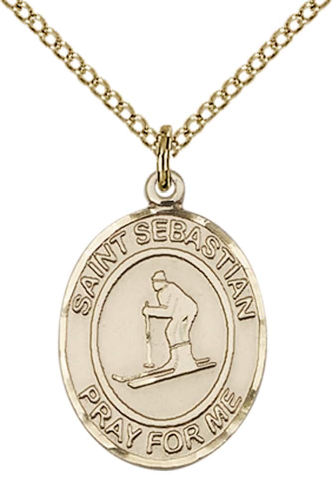 14kt Gold Filled Saint Sebastian Skiing Pendant on an 18-inch Gold Filled Light Curb Chain - Image 2