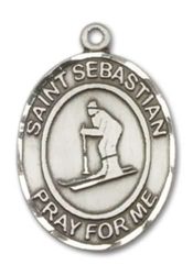 Sterling Silver Saint Sebastian Skiing Pendant on an 18-inch Sterling Silver Light Curb Chain