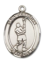Sterling Silver Saint Sebastian Lacrosse Pendant on an 18-inch Sterling Silver Light Curb Chain