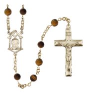 14 Karat Gold 6mm Semi-Precious Stone Madonna Mary/ Sacred Heart Rosary in Tiger Eye