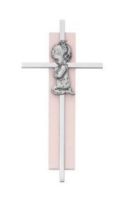 6in Pink Wood Praying Girl on Silver Cross Boxed