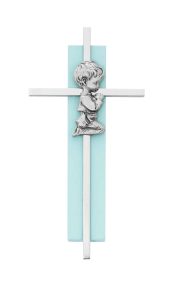 6in Blue Wood Praying Boy on Silver Cross Boxed