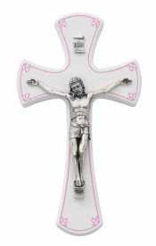 6in White and Pink Girls Wall Crucifix