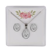 SILVER CRYSTAL MIRACULOUS EARRINGS & PENDANT SET BOXED