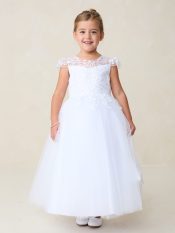 First Communion Dress with Cap sleeved illusion neckline